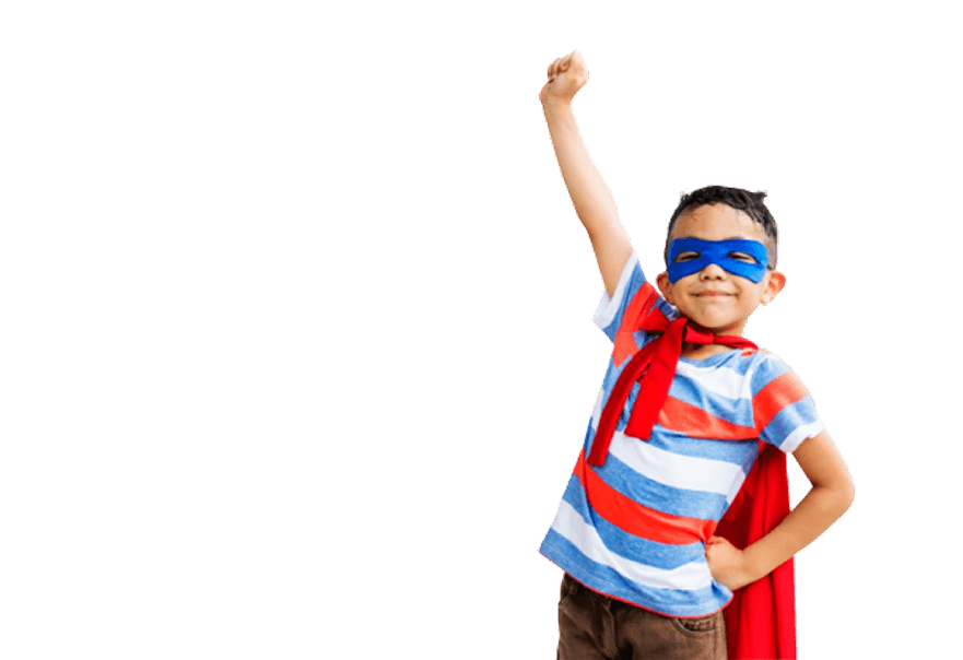 Child in superhero costume with blue mask and red cape